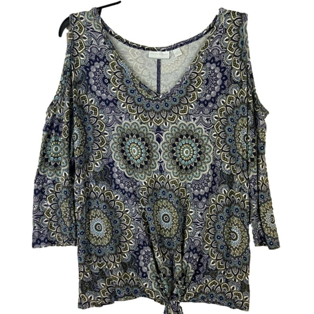 New York & Company Cold Shoulder Top Boho Knot Tie Front 3/4 Sleeve Medium